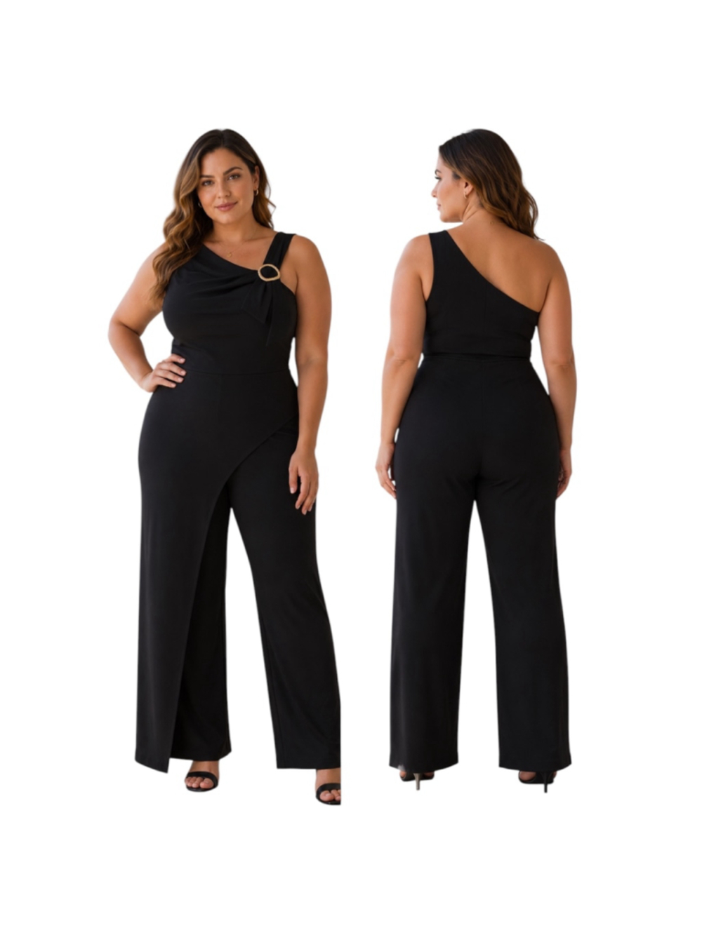 Adrianna Papell NWT Black One Shoulder Wide Leg Jumpsuit Gold Buckle Size 16